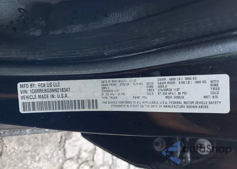 2022 Ram 1500 из США, поврежденный, VIN 1C6RREBG0NN218347